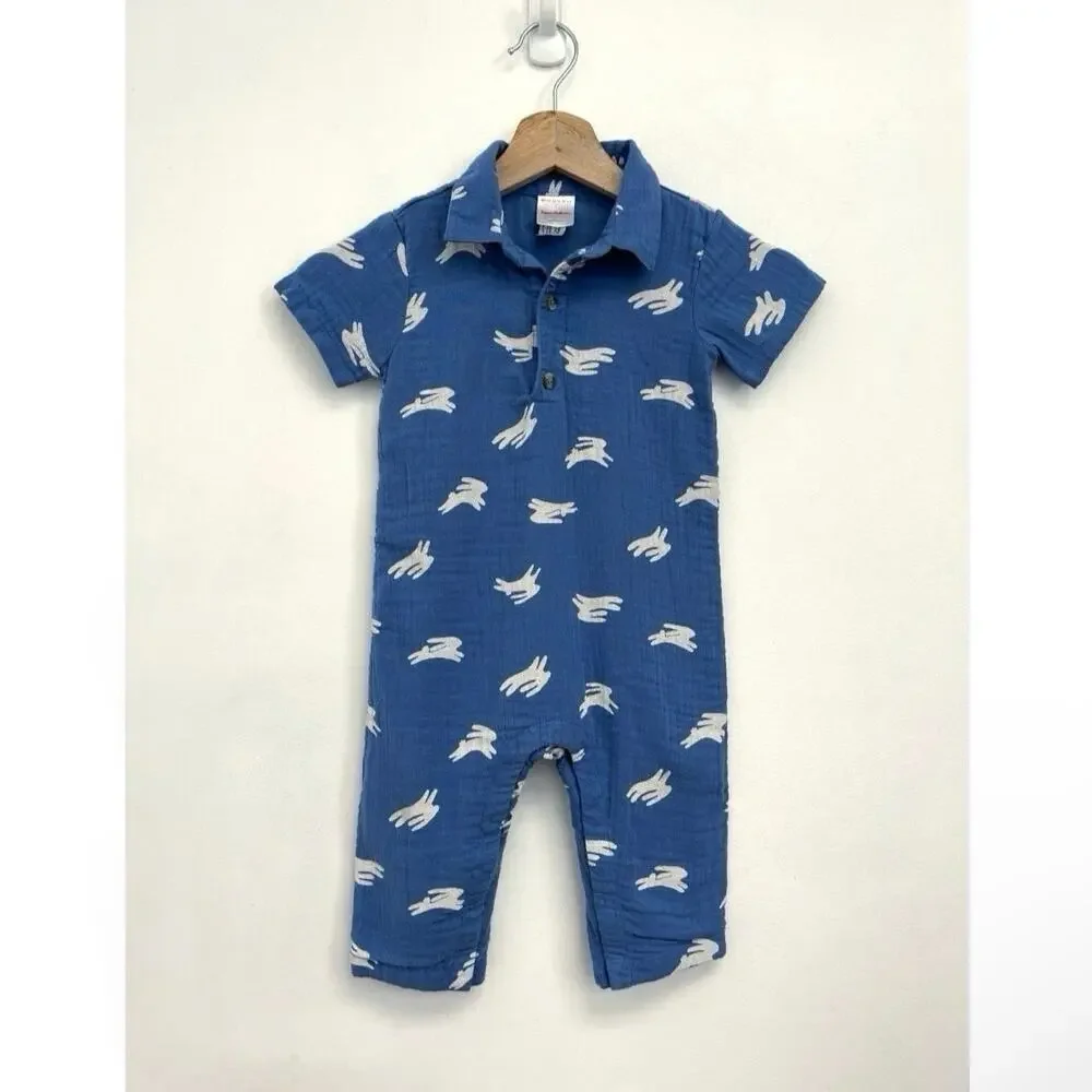 Hanna Andersson Cotton Muslin Bunny Print Romper Polo Short-Sleeve Snap 18-24 mo